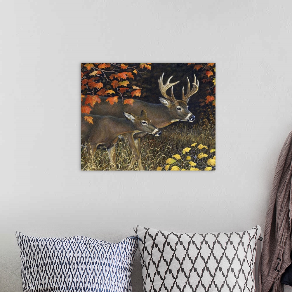 A bohemian room featuring Contemporary artwork of a pair of deer with curious expressions, surrounded by autumn leaves.