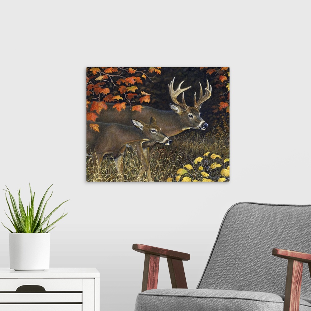 A modern room featuring Contemporary artwork of a pair of deer with curious expressions, surrounded by autumn leaves.