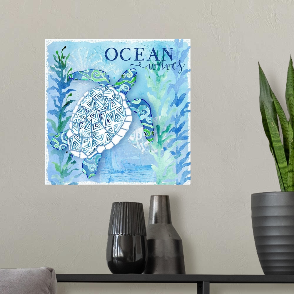 A modern room featuring Sea Glass Turtle 1