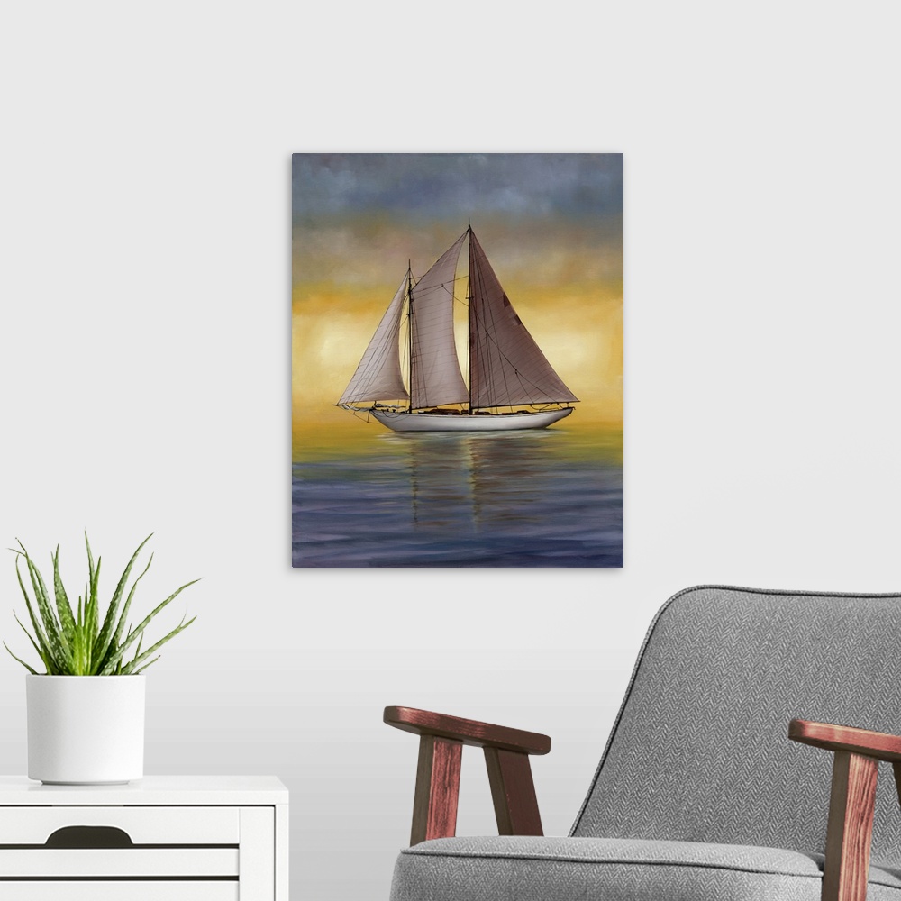 A modern room featuring A large sailboat on calm waters at sunset.