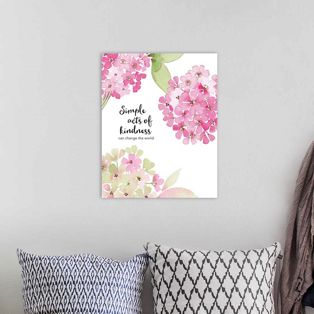A bohemian room featuring Watercolor handlettered message decorated with pink hydrangeas.
