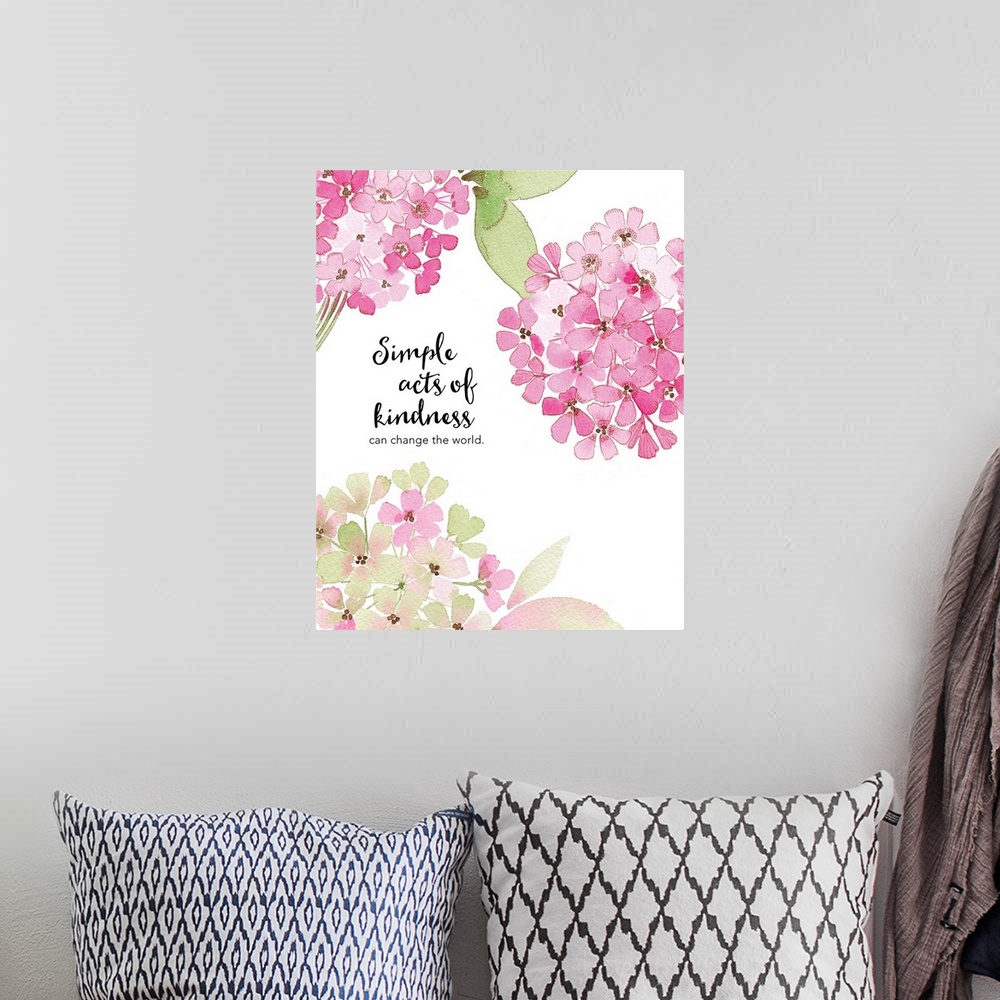 A bohemian room featuring Watercolor handlettered message decorated with pink hydrangeas.
