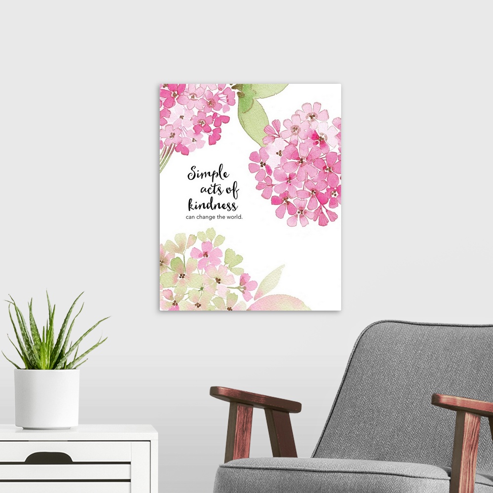 A modern room featuring Watercolor handlettered message decorated with pink hydrangeas.