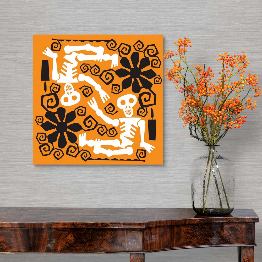 A traditional room featuring Two skeletons with black flower designs on orange.