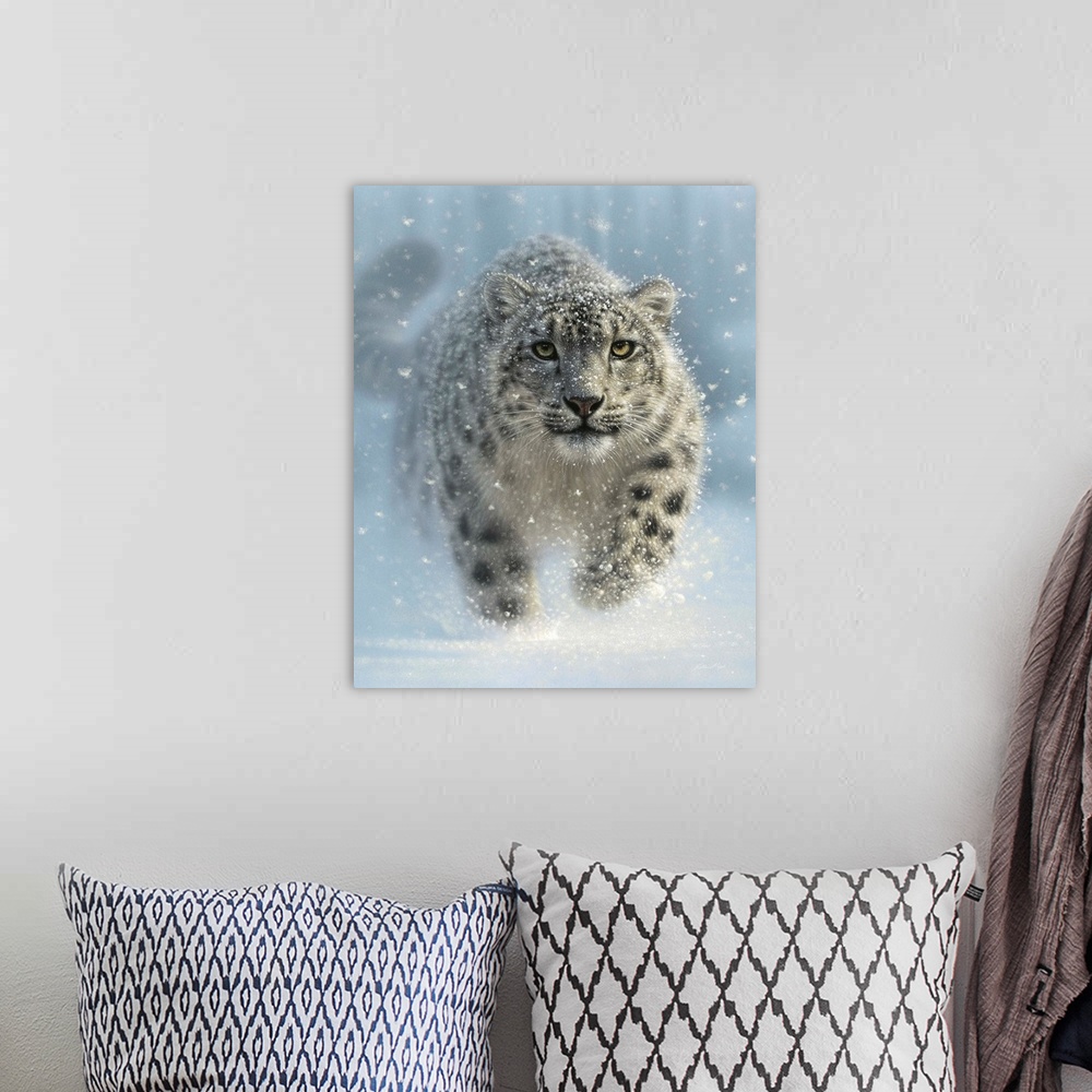 A bohemian room featuring Snow Leopard - Snow Ghost - Vertical