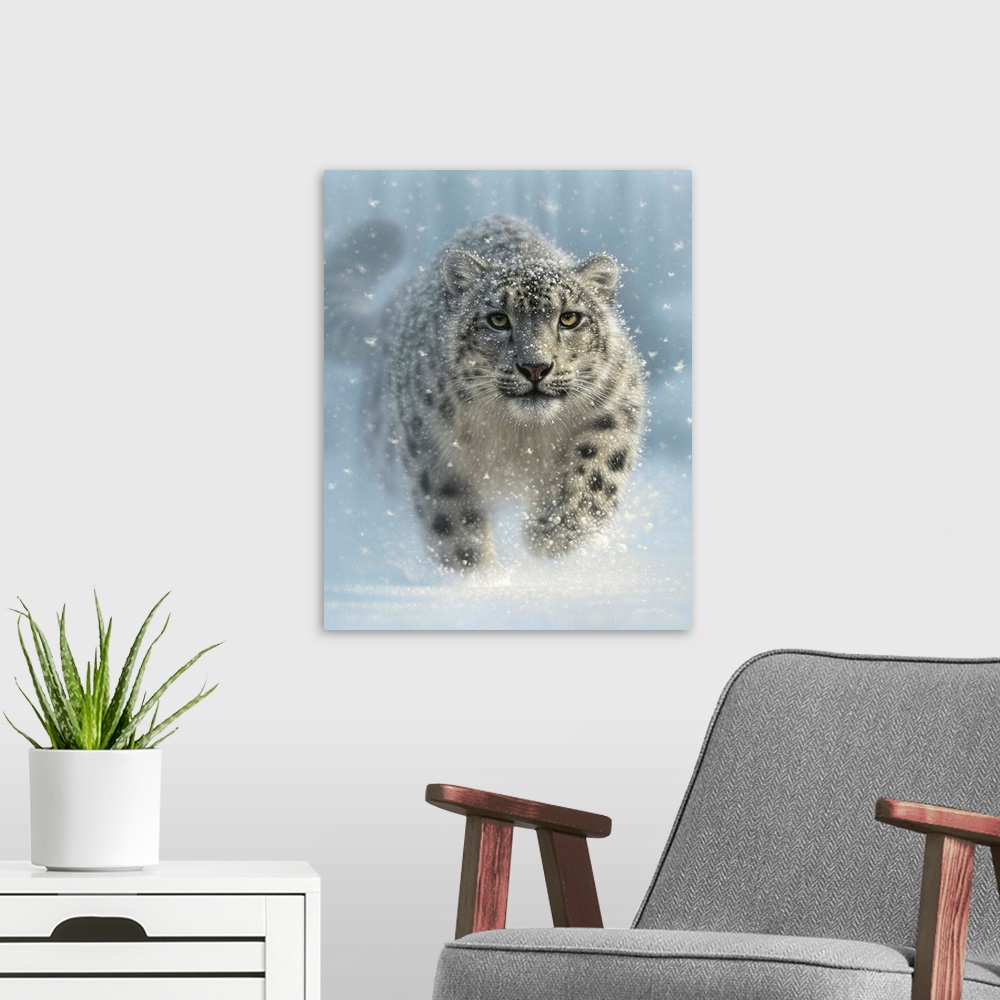 A modern room featuring Snow Leopard - Snow Ghost - Vertical