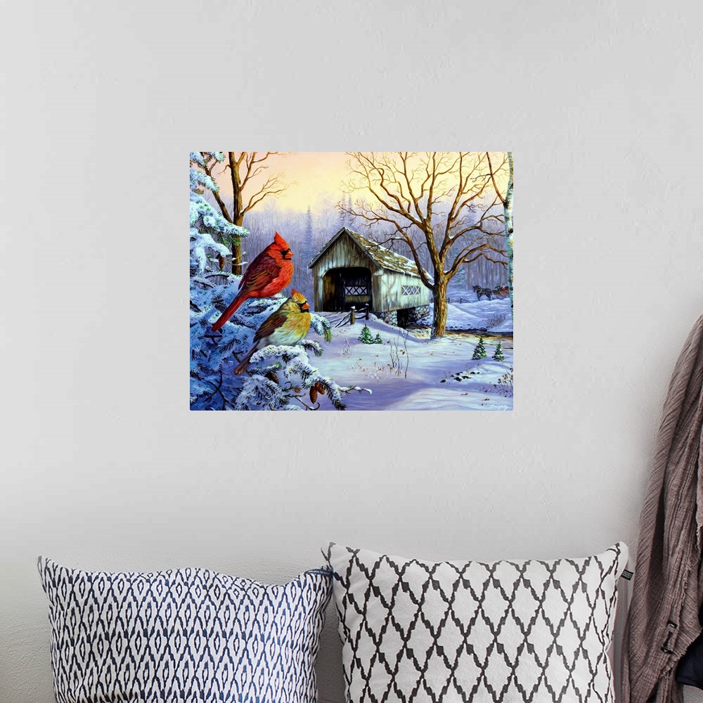 A bohemian room featuring Big painting on canvas of two cardinals sitting on a snowy branch with a covered bridge in the di...