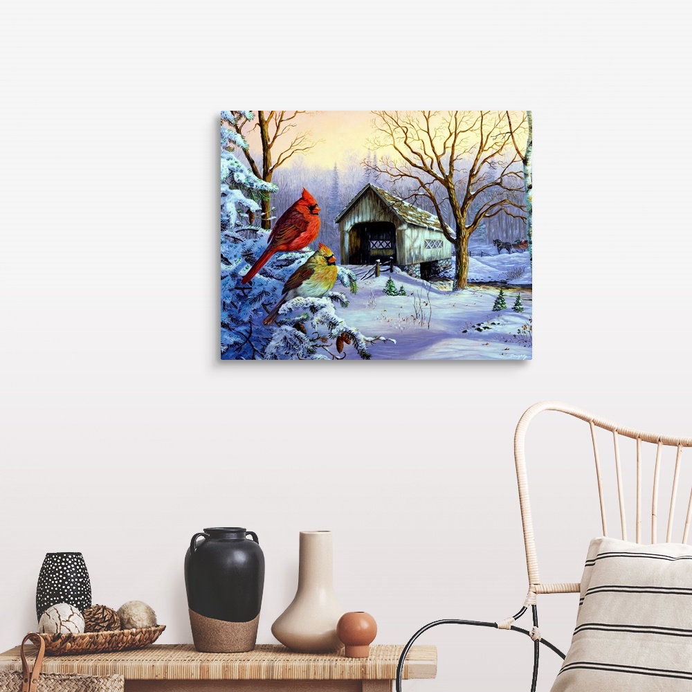 A farmhouse room featuring Big painting on canvas of two cardinals sitting on a snowy branch with a covered bridge in the di...