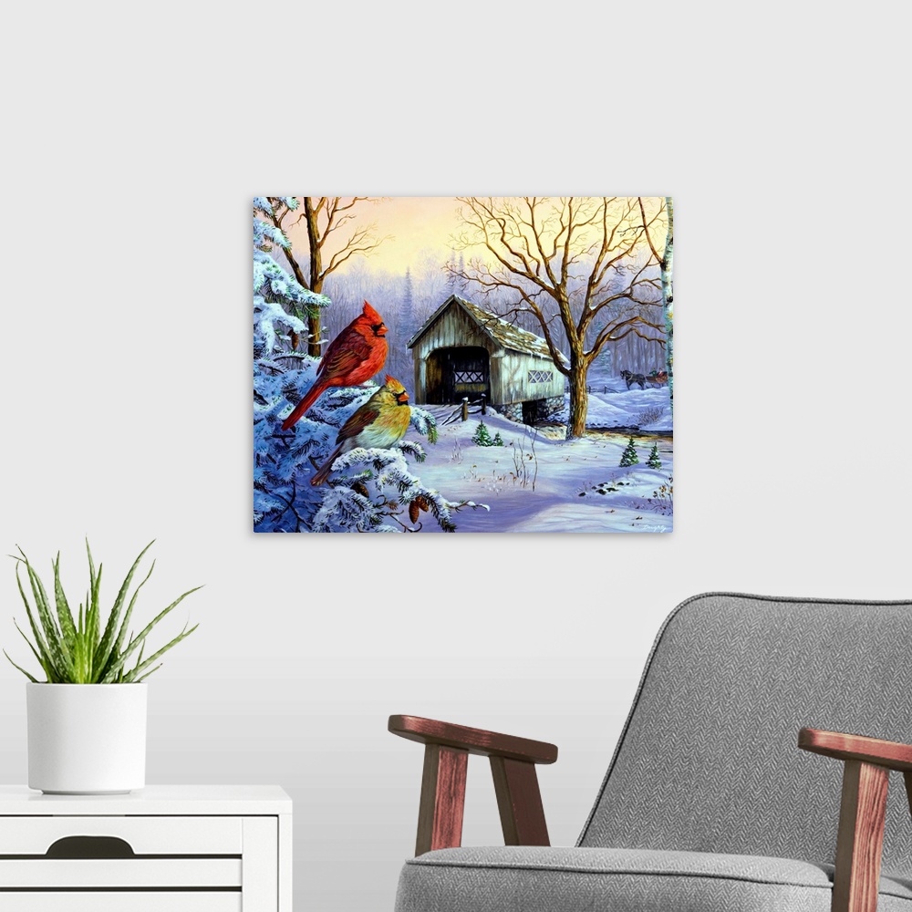 A modern room featuring Big painting on canvas of two cardinals sitting on a snowy branch with a covered bridge in the di...