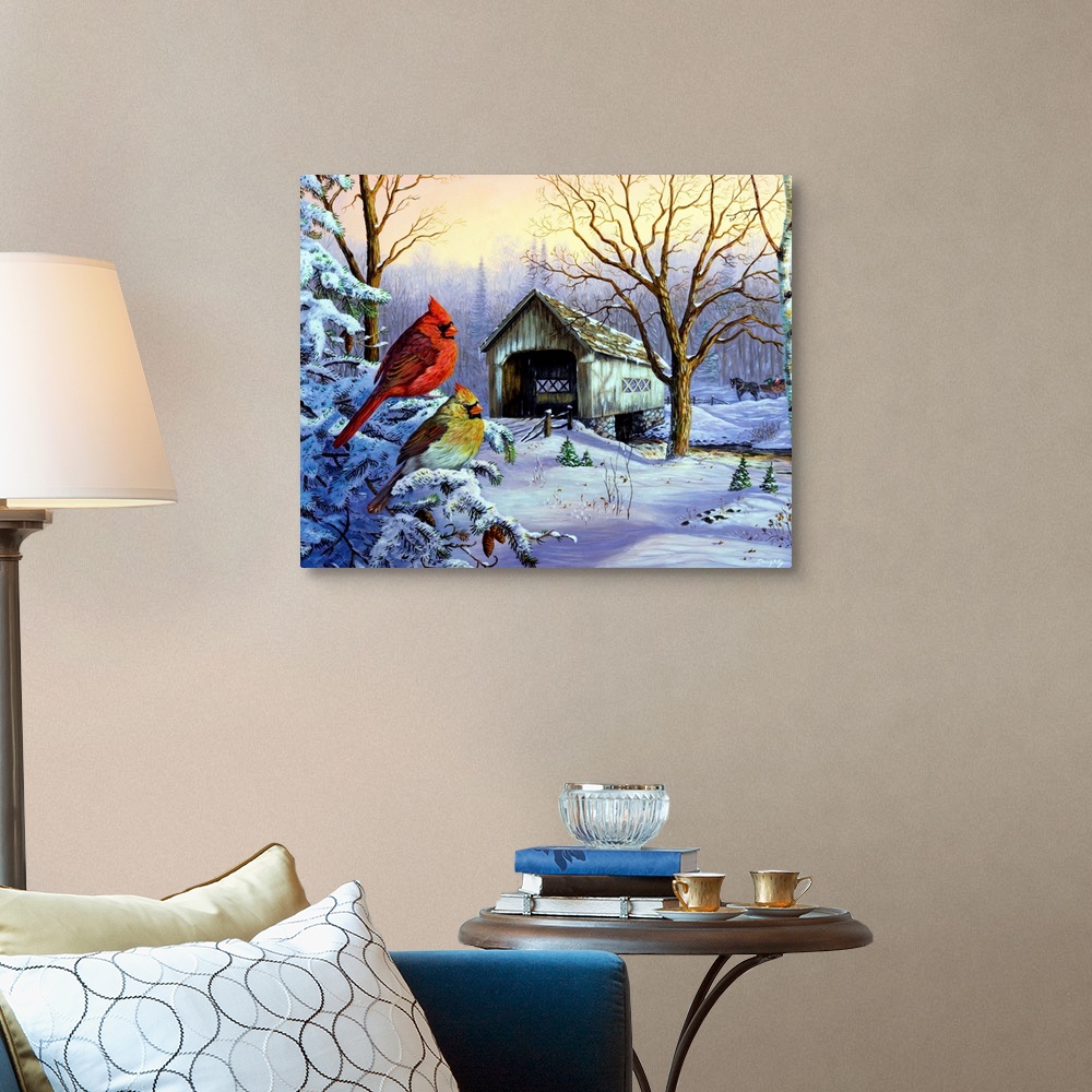 A traditional room featuring Big painting on canvas of two cardinals sitting on a snowy branch with a covered bridge in the di...