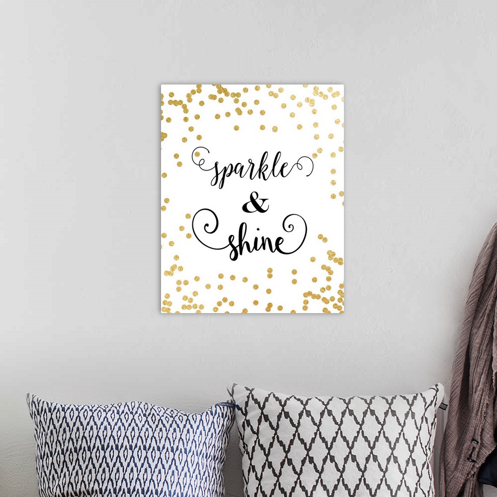 A bohemian room featuring "Sparkle an Shine" with gold confetti background.