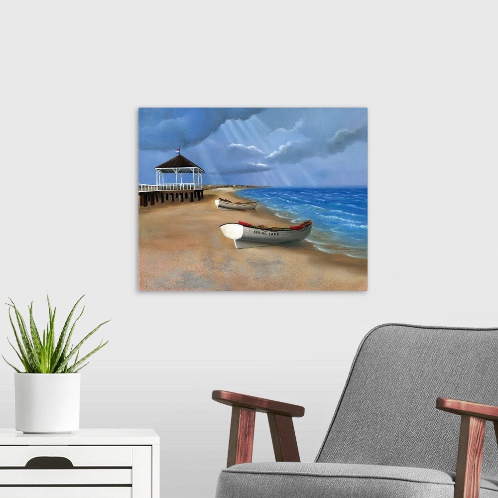 A modern room featuring Painting of boats on the sand by a pier on the coast.