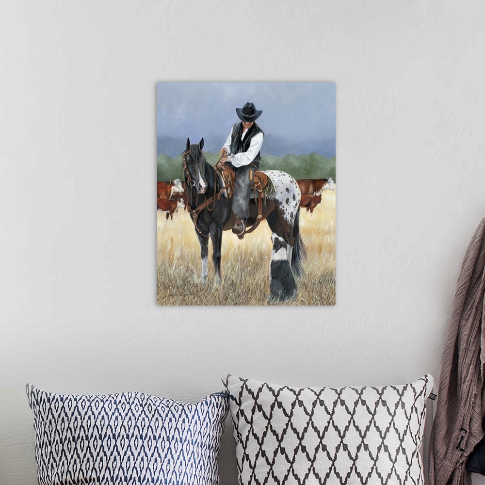 A bohemian room featuring Contemporary painting of a cowboy on horseback looking at a border collie dog.