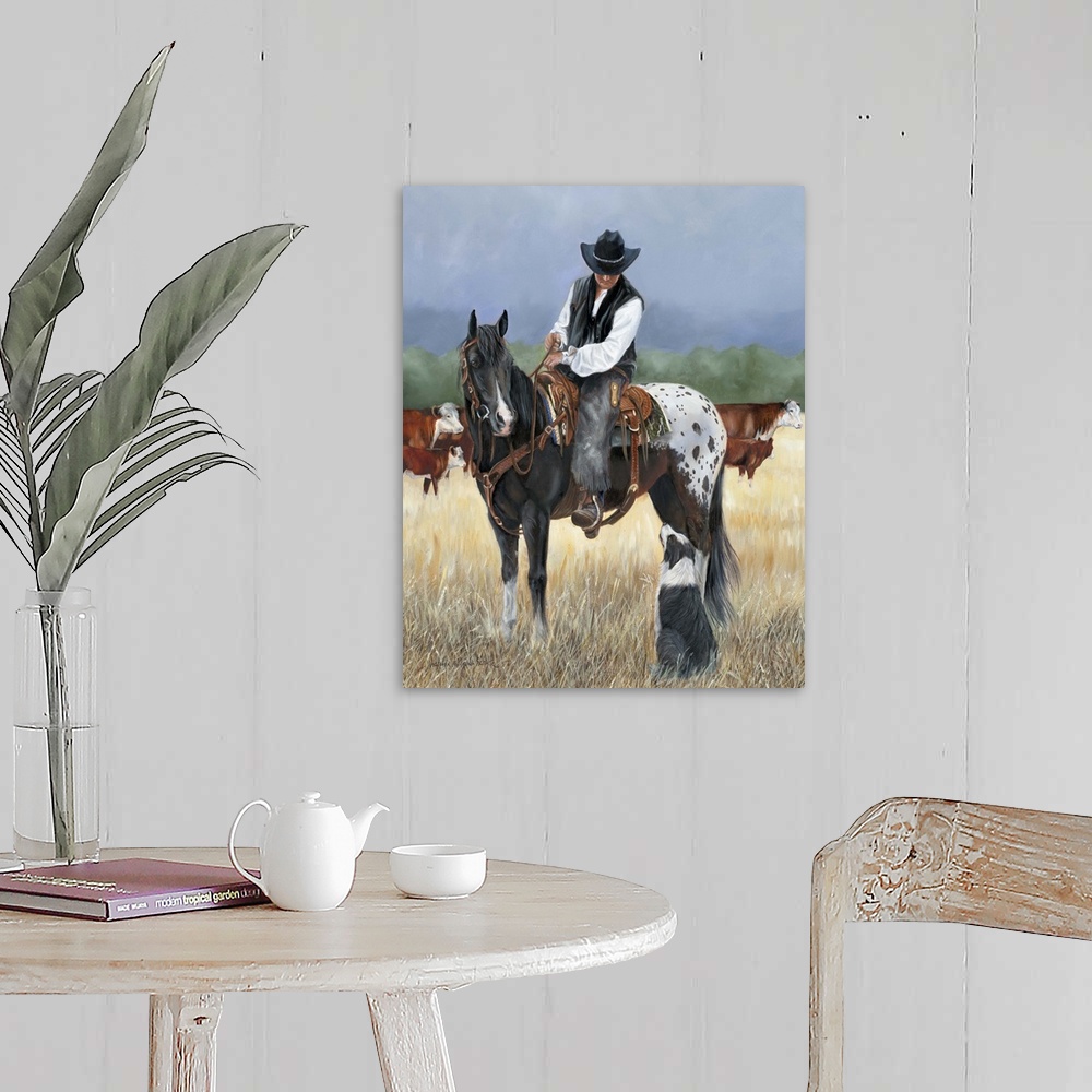 A farmhouse room featuring Contemporary painting of a cowboy on horseback looking at a border collie dog.