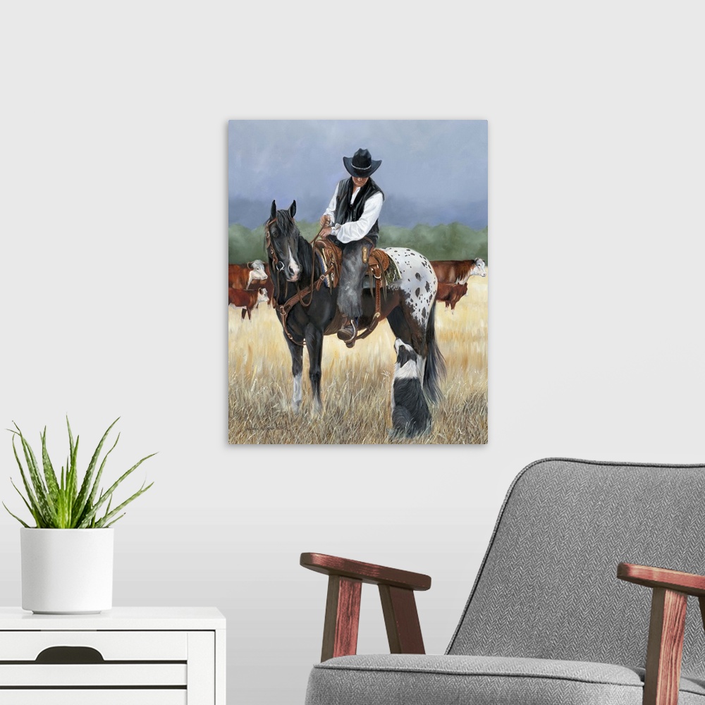 A modern room featuring Contemporary painting of a cowboy on horseback looking at a border collie dog.