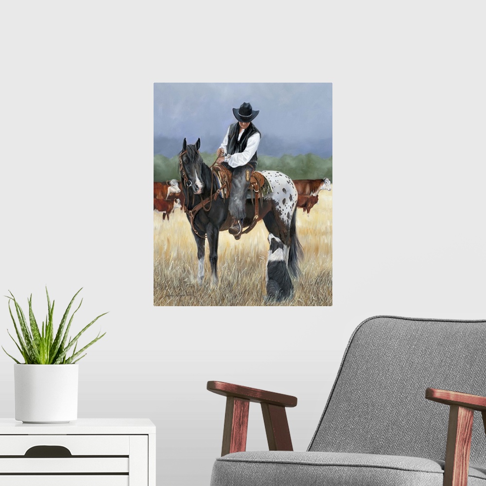 A modern room featuring Contemporary painting of a cowboy on horseback looking at a border collie dog.