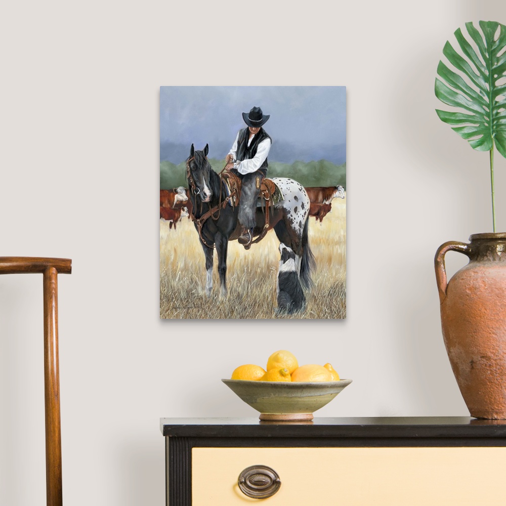 A traditional room featuring Contemporary painting of a cowboy on horseback looking at a border collie dog.