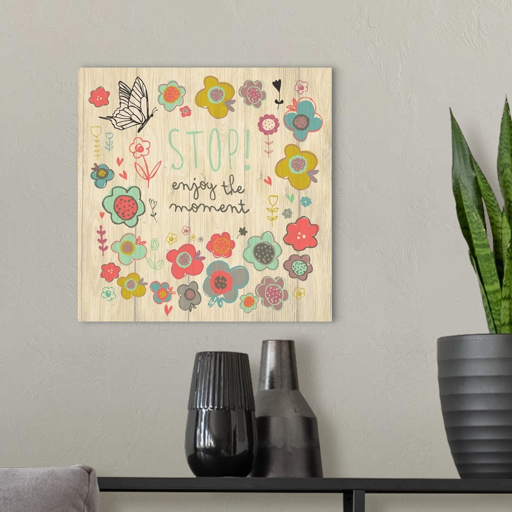 A modern room featuring Contemporary rustic and whimsical sentiment art.
