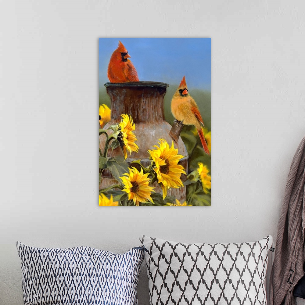 A bohemian room featuring Huge contemporary art focuses on a couple birds sitting on top of a large distressed jug surround...
