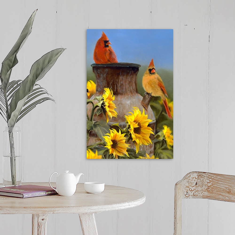 A farmhouse room featuring Huge contemporary art focuses on a couple birds sitting on top of a large distressed jug surround...