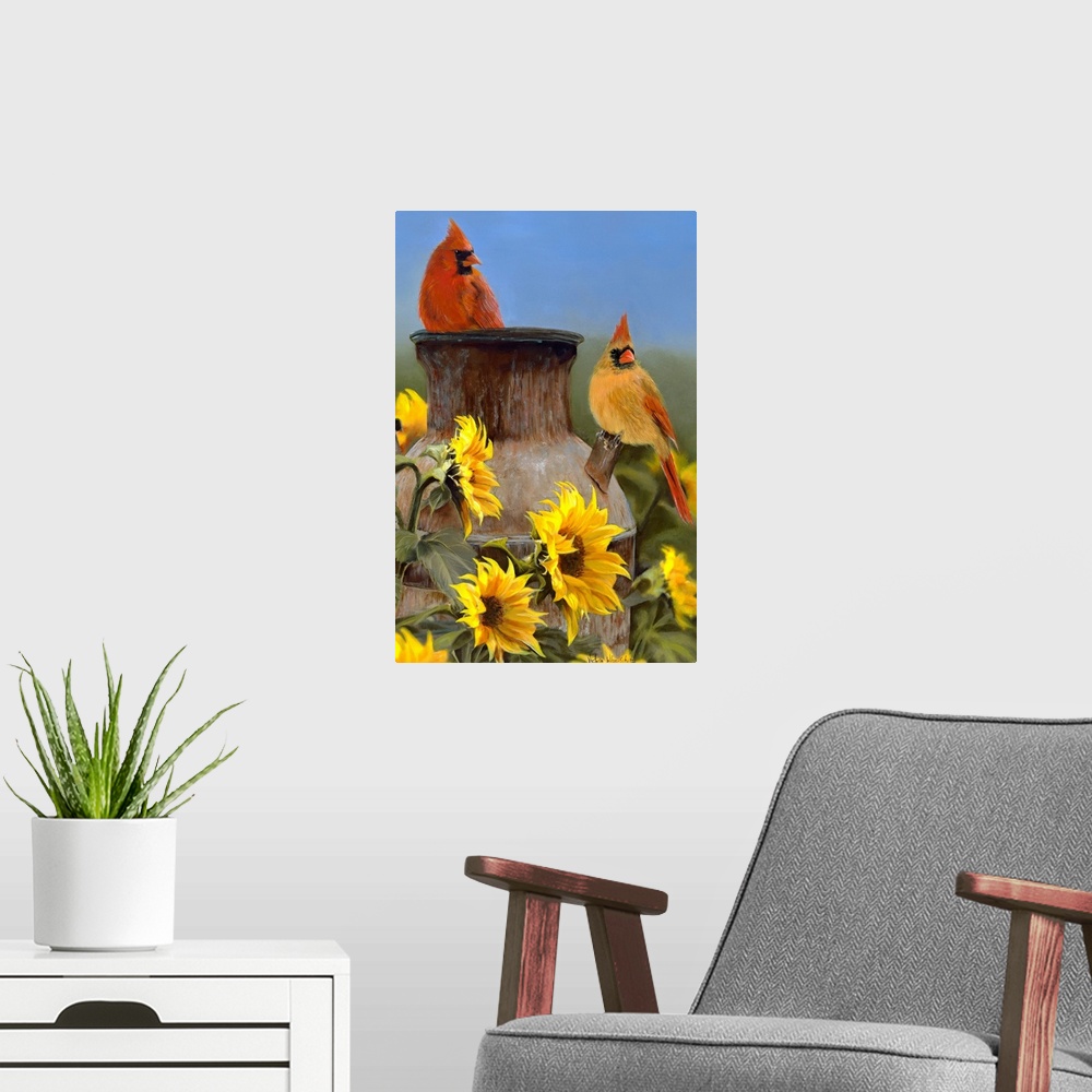 A modern room featuring Huge contemporary art focuses on a couple birds sitting on top of a large distressed jug surround...