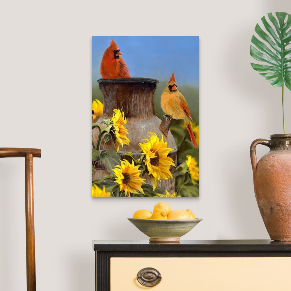 A traditional room featuring Huge contemporary art focuses on a couple birds sitting on top of a large distressed jug surround...