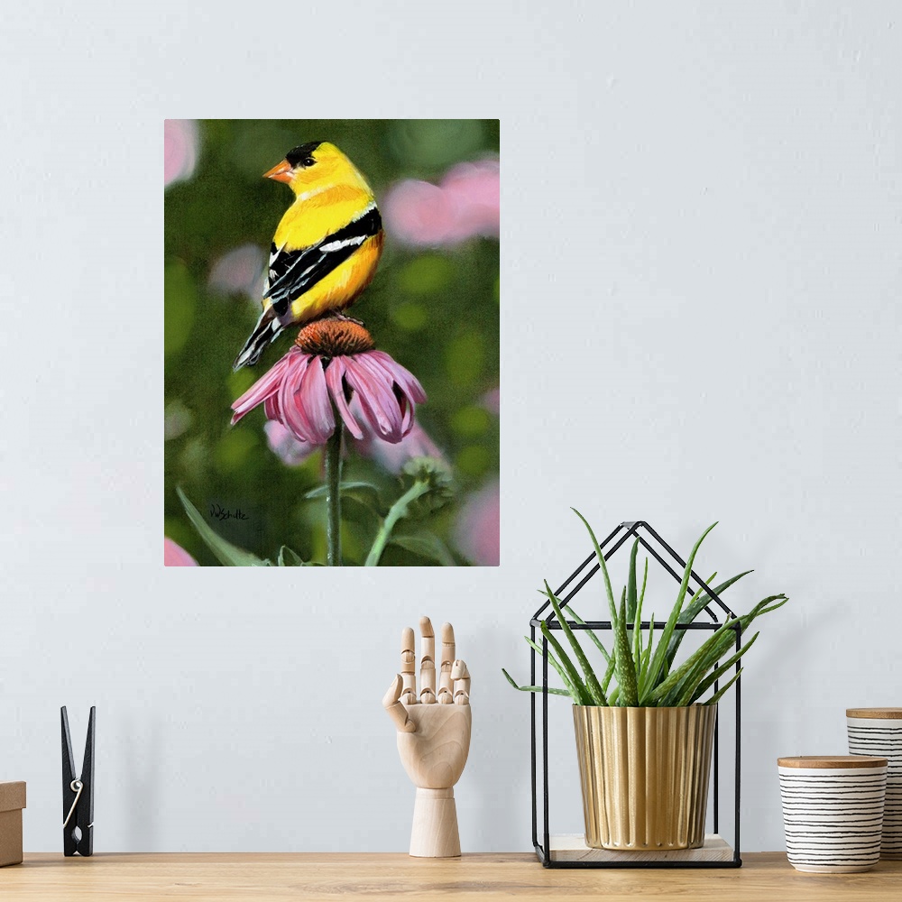 A bohemian room featuring Painting of a male goldfinch sitting on a pink flower.