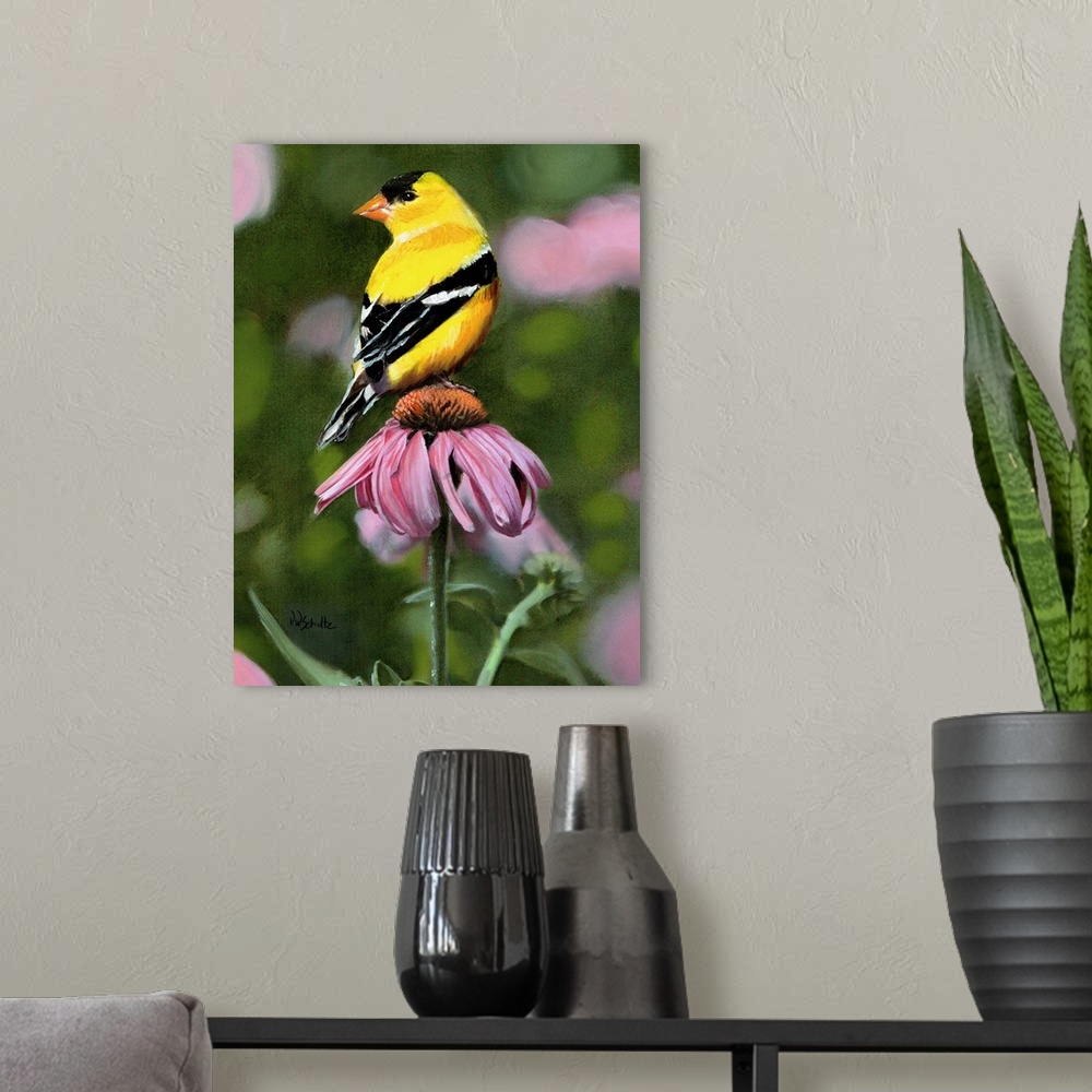 A modern room featuring Painting of a male goldfinch sitting on a pink flower.