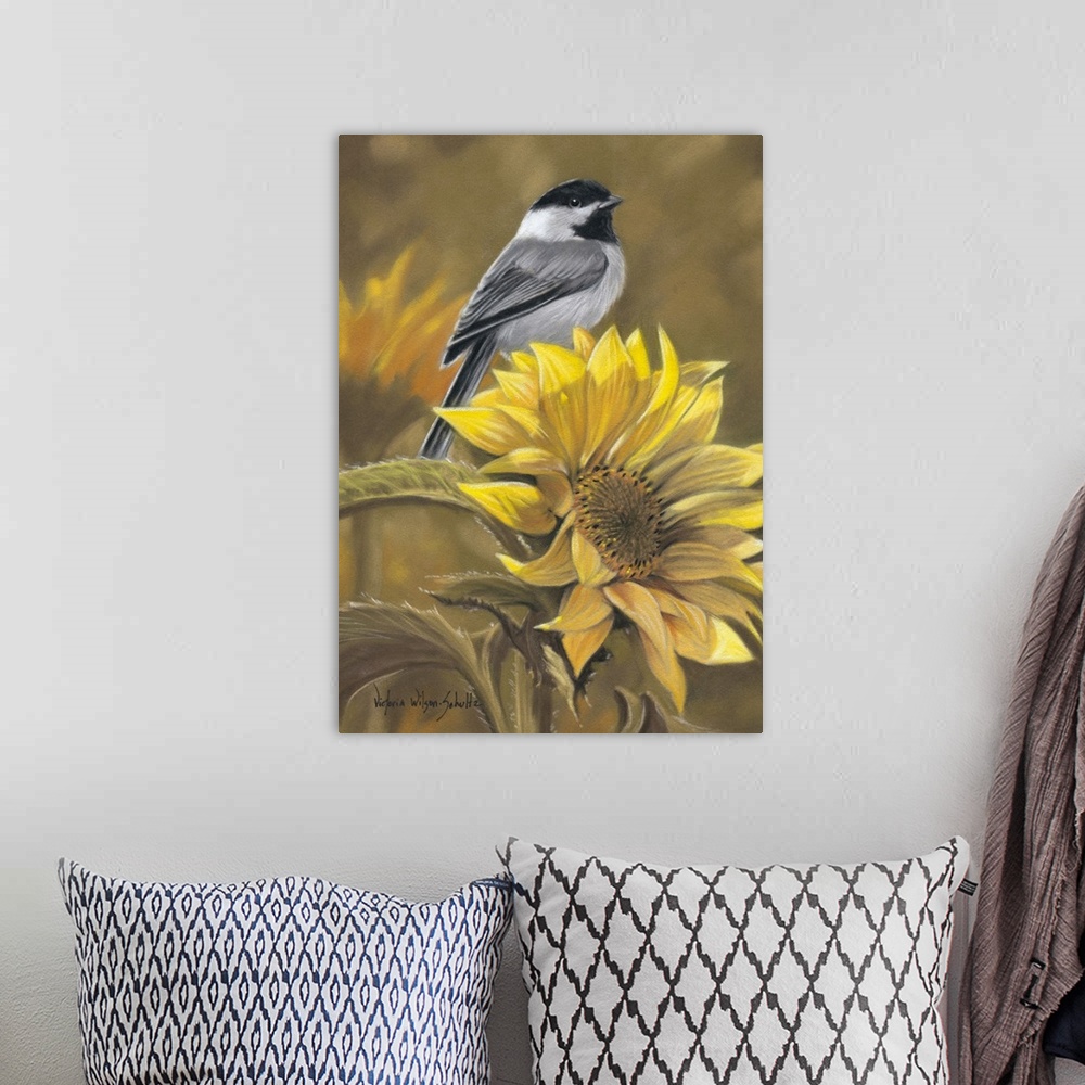 A bohemian room featuring Beautiful artwork perfect for the home that shows a bird sitting on the top of a sunflower.