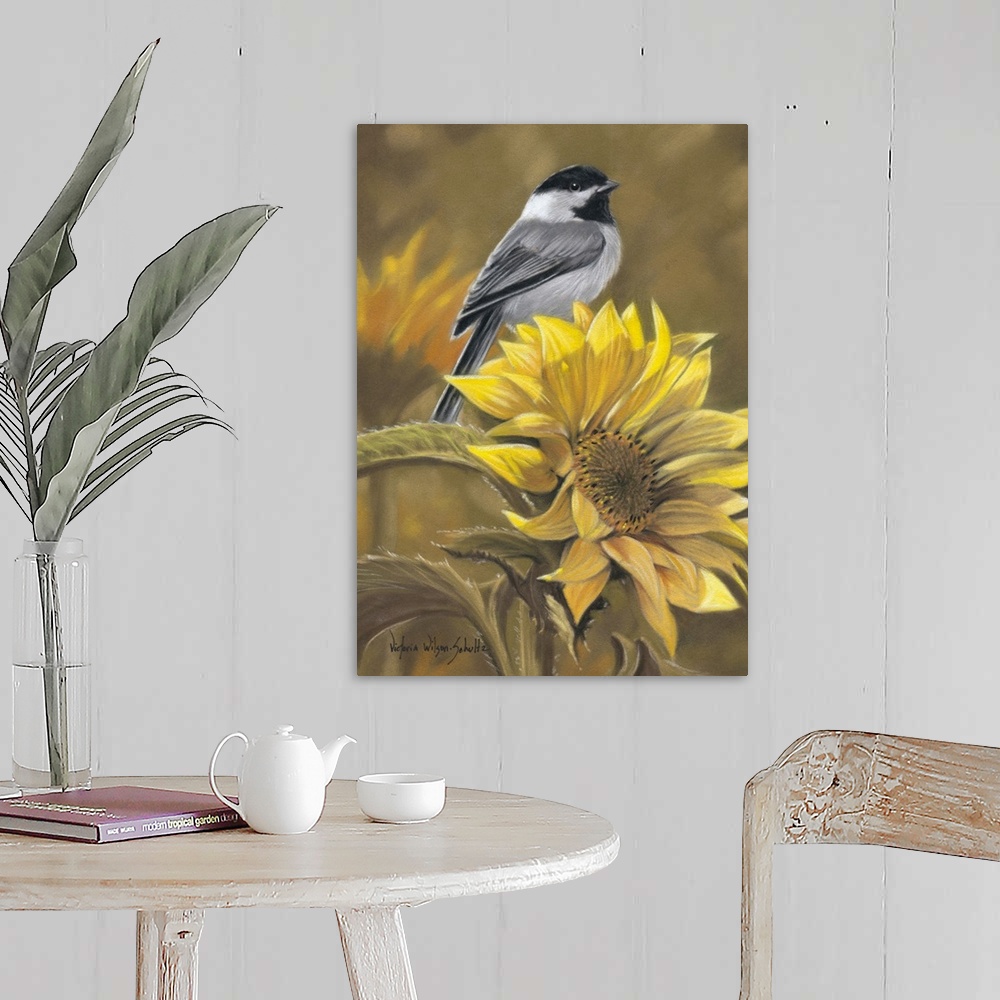 A farmhouse room featuring Beautiful artwork perfect for the home that shows a bird sitting on the top of a sunflower.