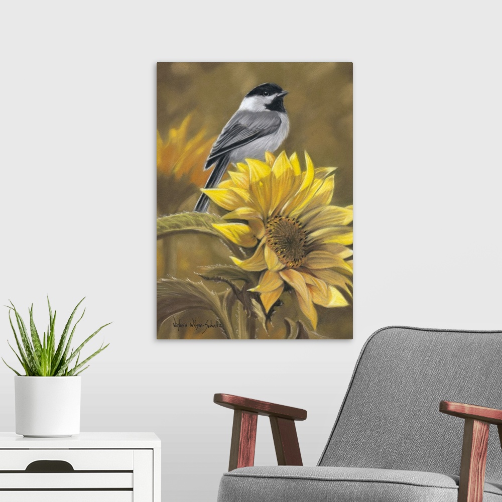 A modern room featuring Beautiful artwork perfect for the home that shows a bird sitting on the top of a sunflower.
