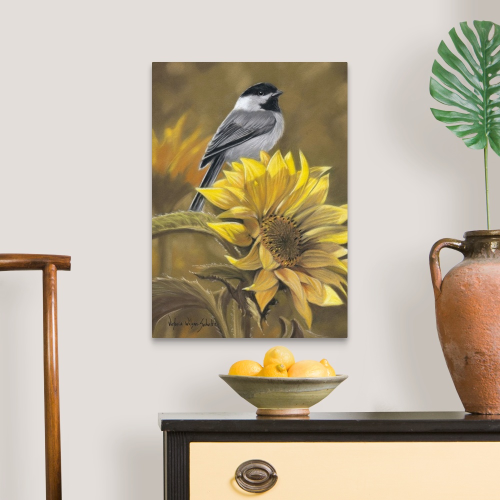 A traditional room featuring Beautiful artwork perfect for the home that shows a bird sitting on the top of a sunflower.