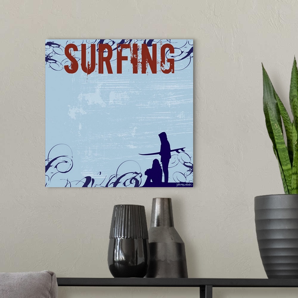 A modern room featuring The silhouette of two people is drawn at the bottom of this artwork with the word surfing in bold...