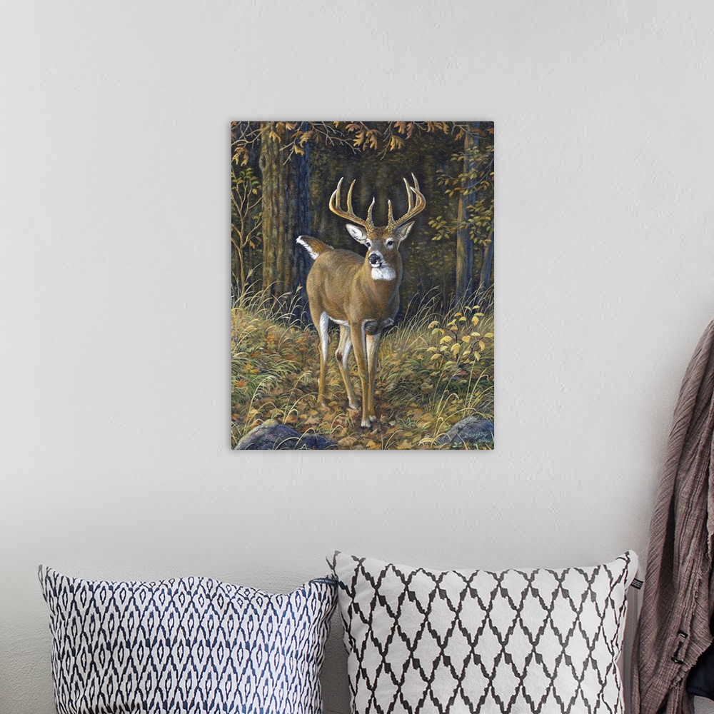A bohemian room featuring Contemporary artwork of a buck with a stunning pair of antlers, standing in a forest clearing.