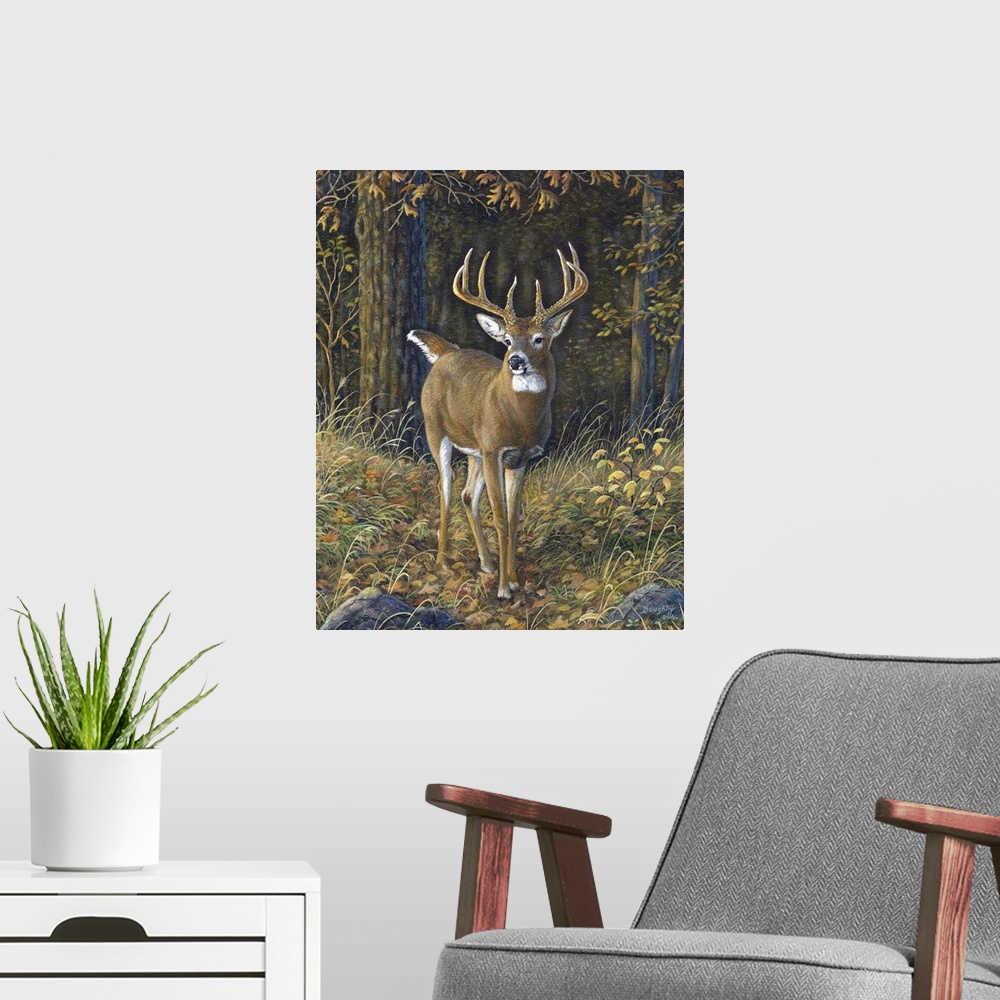 A modern room featuring Contemporary artwork of a buck with a stunning pair of antlers, standing in a forest clearing.