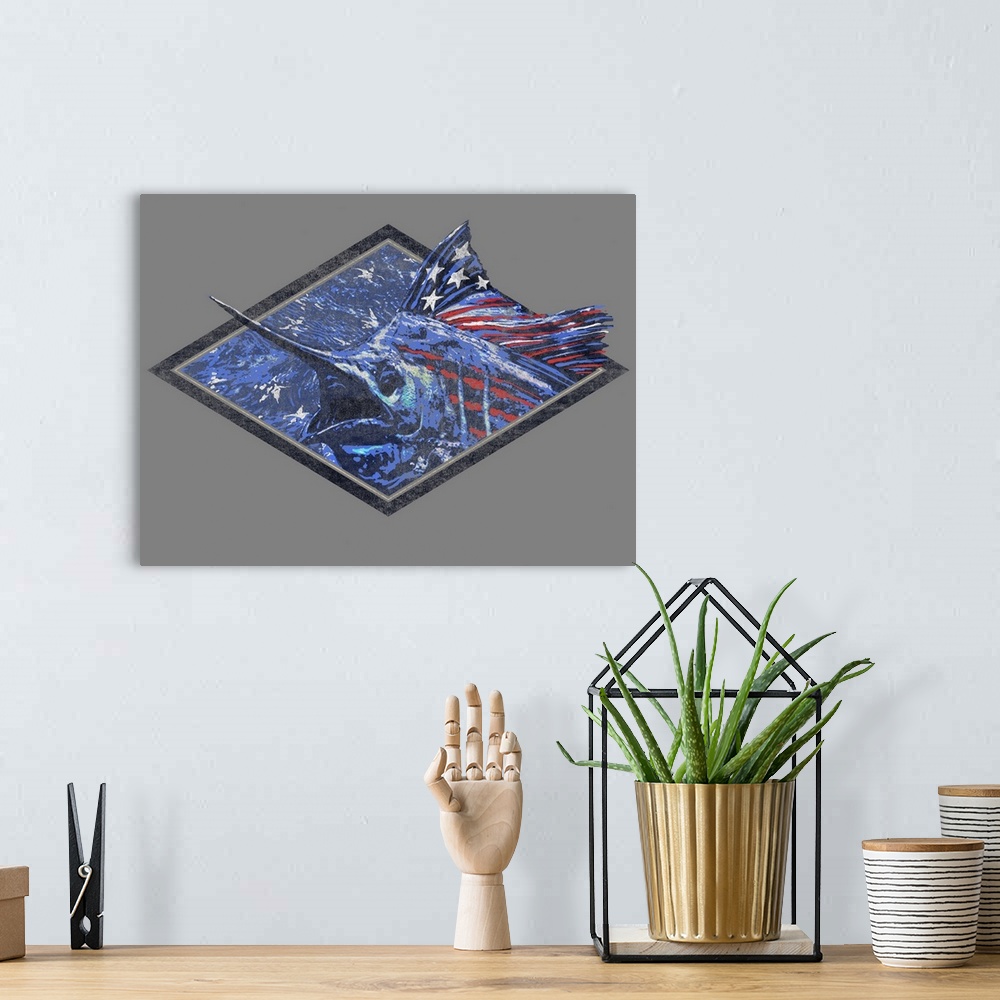 A bohemian room featuring A illustration of a swordfish with an american flag theme.