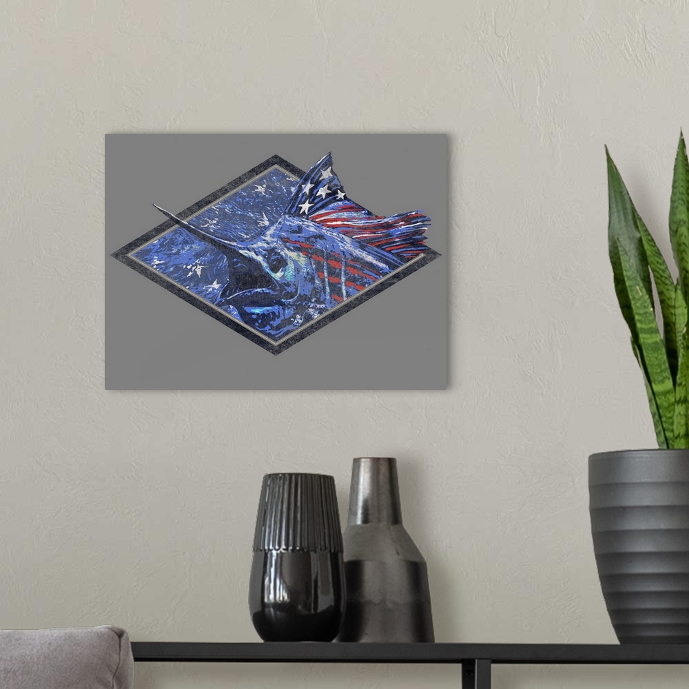 A modern room featuring A illustration of a swordfish with an american flag theme.