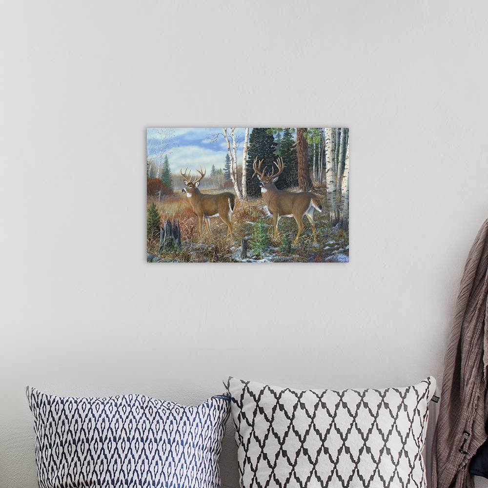 A bohemian room featuring Contemporary artwork of two white tailed bucks at the edge of a forest on a cold day.