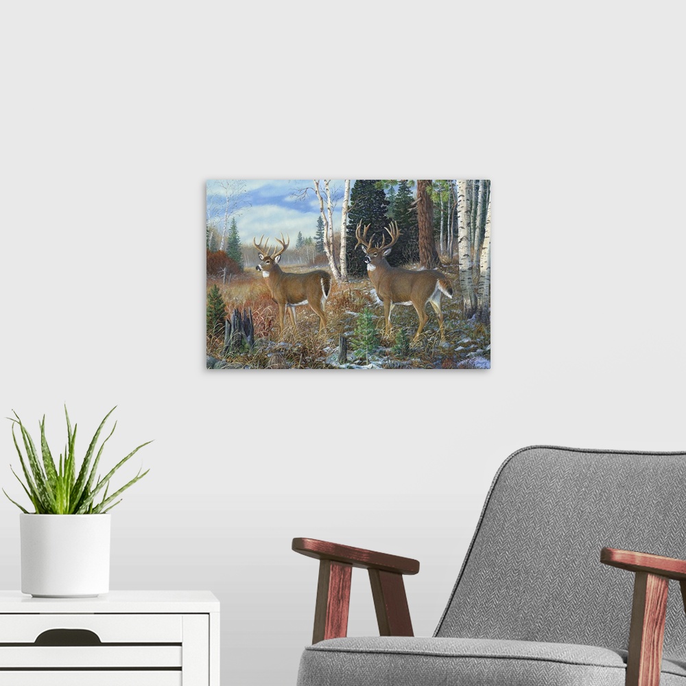 A modern room featuring Contemporary artwork of two white tailed bucks at the edge of a forest on a cold day.