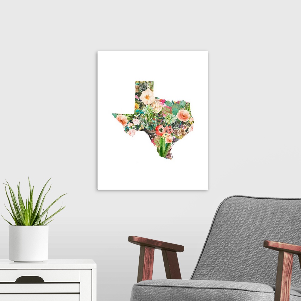 A modern room featuring Watercolor flowers in warm colors with green foliage fill the state of Texas silhouette over a wh...