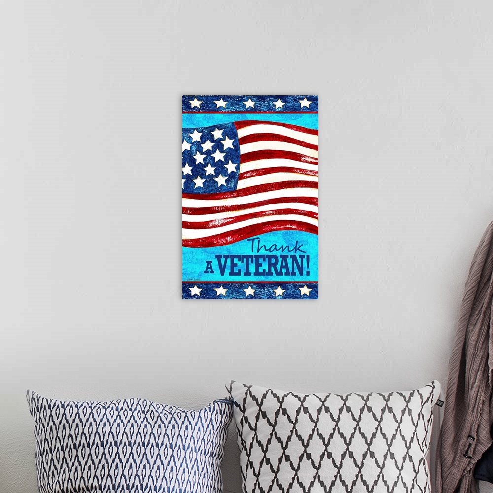 A bohemian room featuring An American flag with the words "Thank a Veteran."