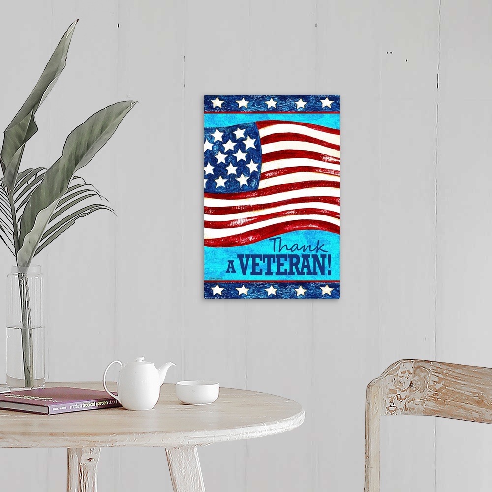 A farmhouse room featuring An American flag with the words "Thank a Veteran."