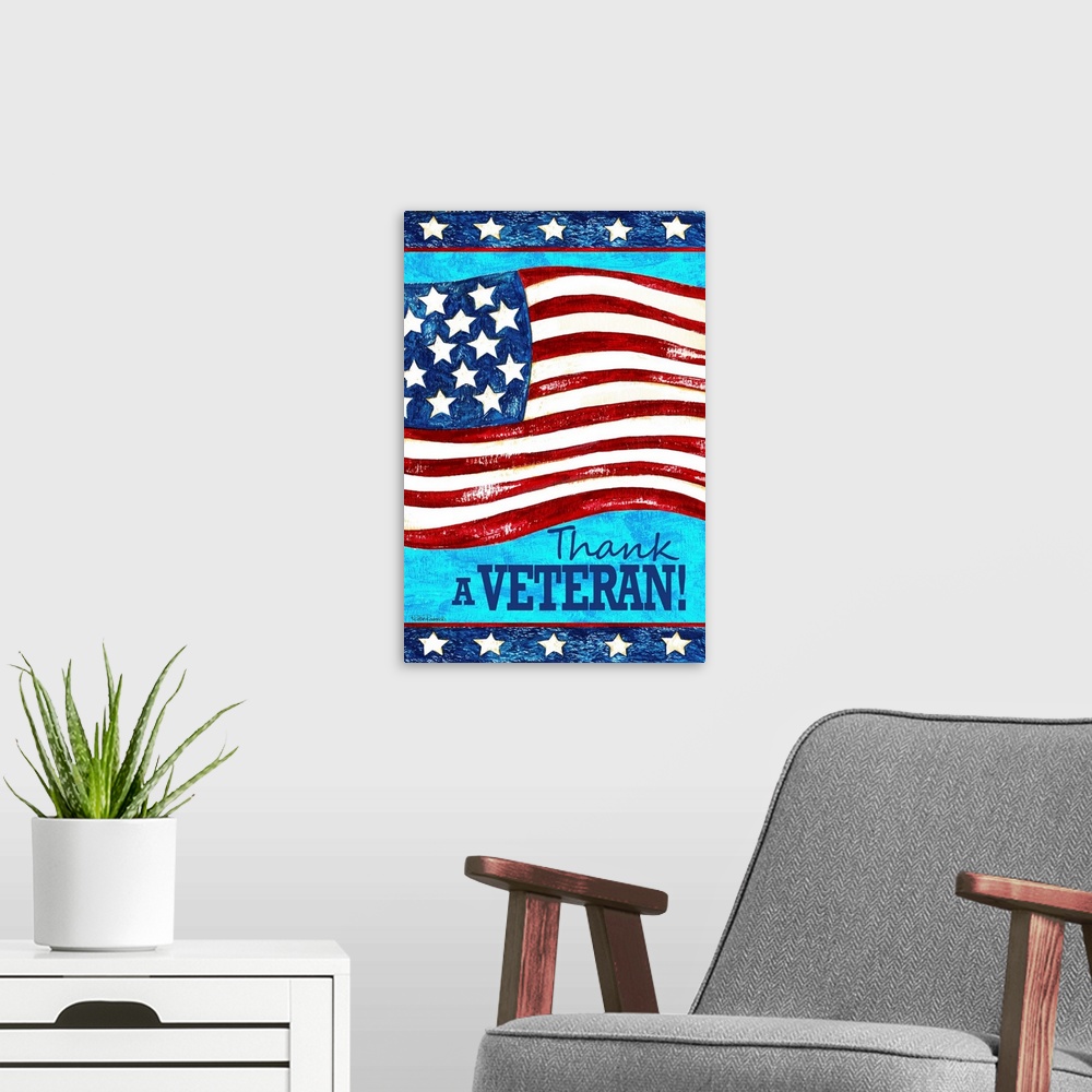 A modern room featuring An American flag with the words "Thank a Veteran."