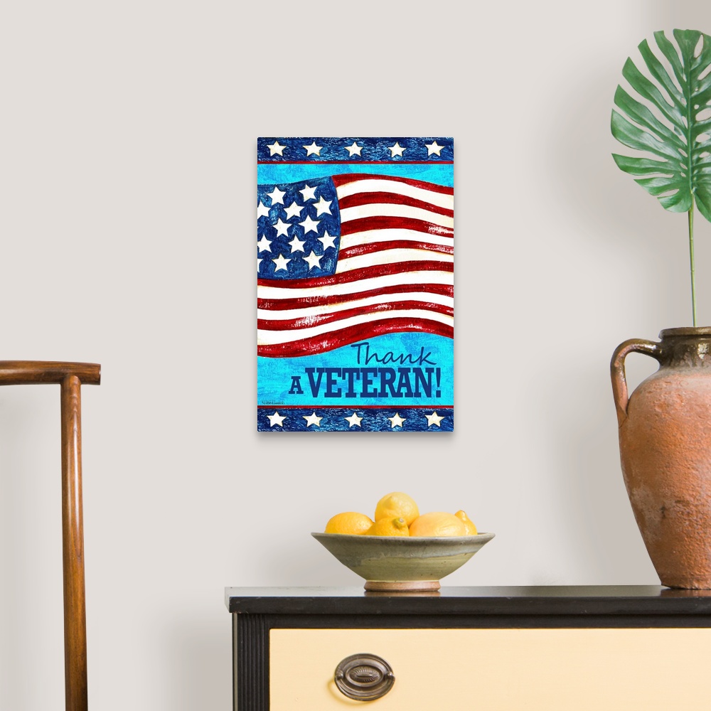 A traditional room featuring An American flag with the words "Thank a Veteran."