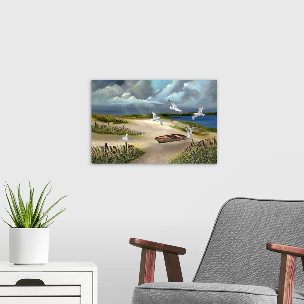 A modern room featuring Contemporary artwork of beach landscape under a cloudy sky.