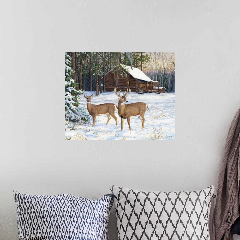 A bohemian room featuring A pair of deer near a wooden lodge in the winter.