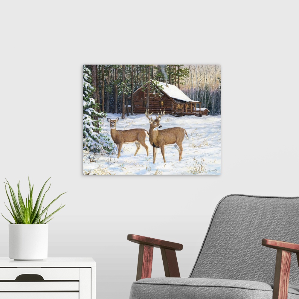 A modern room featuring A pair of deer near a wooden lodge in the winter.