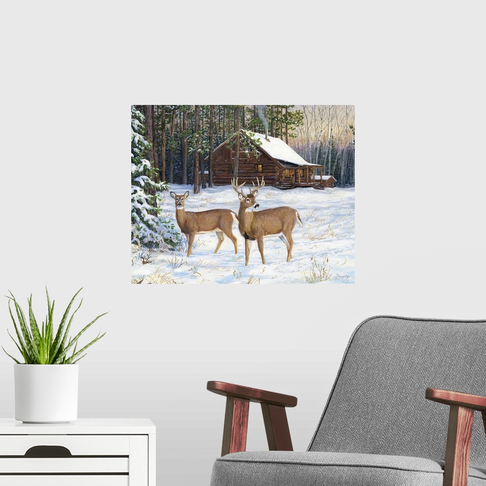 A modern room featuring A pair of deer near a wooden lodge in the winter.