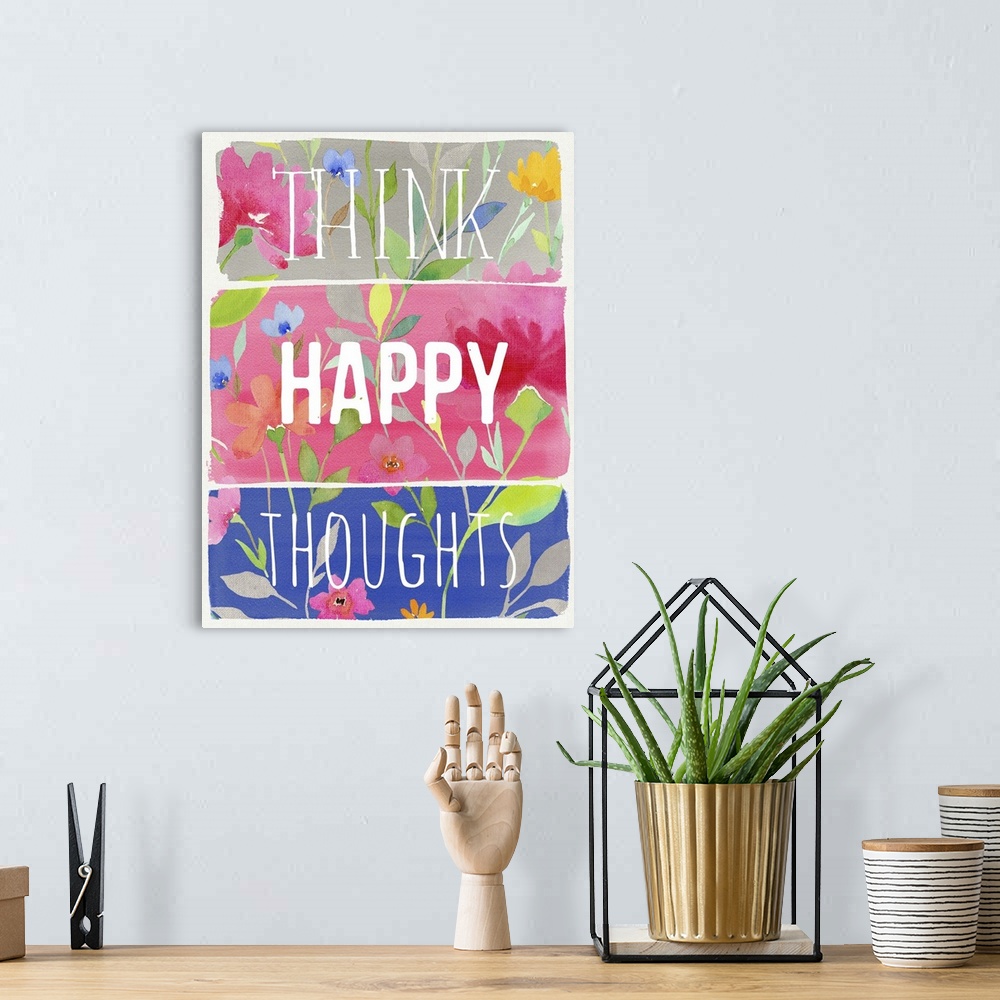 A bohemian room featuring Think Happy Thoughts planks