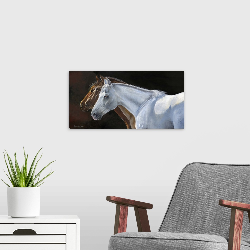A modern room featuring Contemporary painting of three horses in profile.